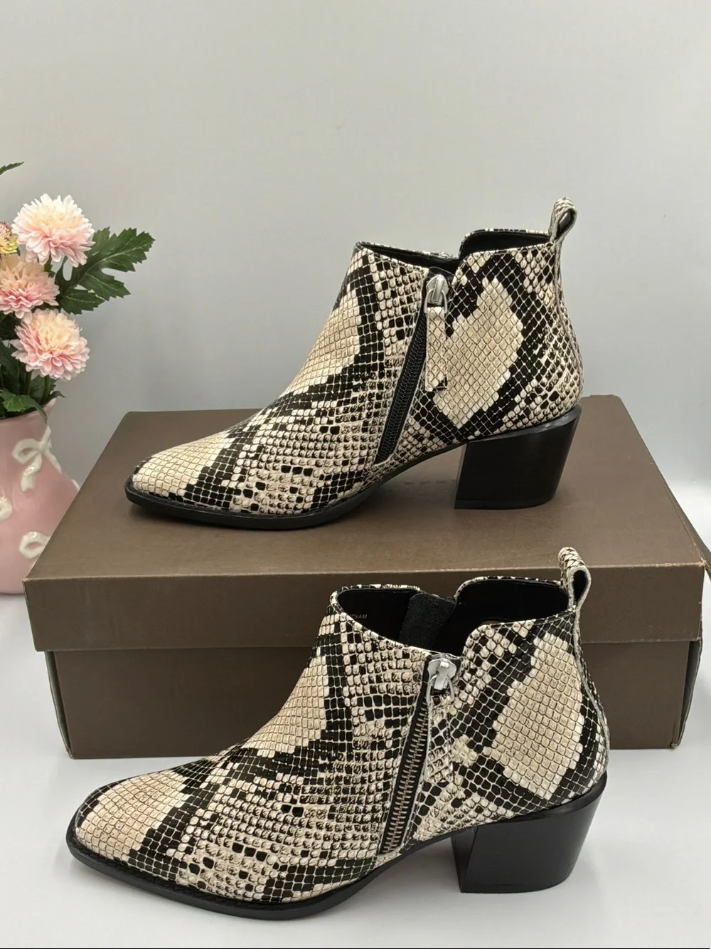 Paolo Snake-Print Ankle Booties in Beige and Black